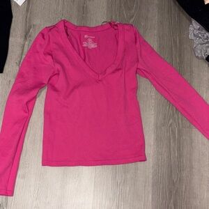 No Boundaries Hot Pink Ribbed V-Neck Long Sleeve Top